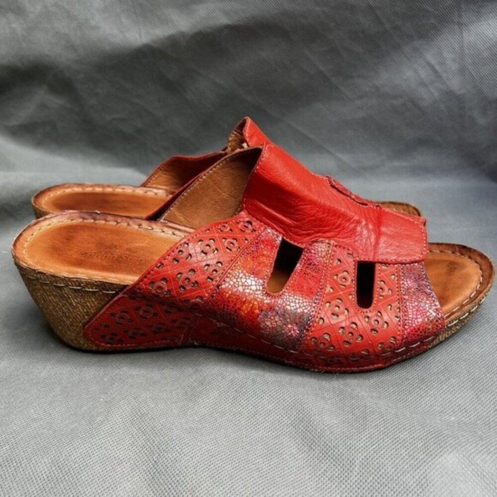 Spring Step Size 41 Red Wedge Heels Sandals Leather Boho Shoes Artsy US 9.5-10 - Picture 2 of 9